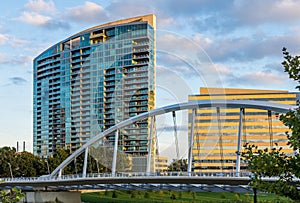 Skyline of Columbus, Ohio from Bicentennial Park bridge at Night