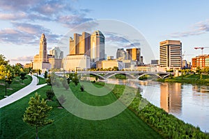 Skyline of Columbus, Ohio from Bicentennial Park bridge at Night