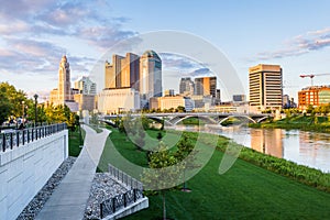 Skyline of Columbus, Ohio from Bicentennial Park bridge at Night