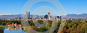 Skyline of Denver downtown with Rocky Mountains