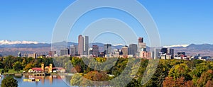 Skyline of Denver downtown with Rocky Mountains