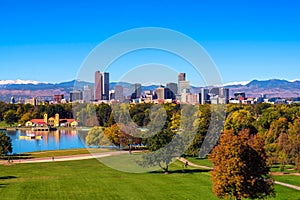 Skyline of Denver downtown with Rocky Mountains