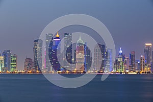 Skyline of Doha city at night, west bay of Doha city center after sunset