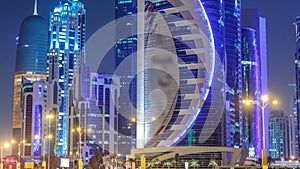 The skyline of Doha by night with starry sky seen from Park timelapse, Qatar