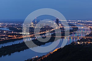 Skyline of Donau City - Vienna DC and bridges on Danube River