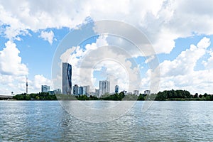 Skyline of Donau City Vienna and the DC-Tower, the tallest skyscraper in Austria.