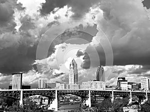 The skyline of Downtown Cleveland on a brilliant cloudy day photo