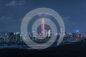 Skyline of downtown district of Shenzhen city, China at night