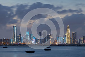 Skyline of downtown district of Shenzhen city, China at night