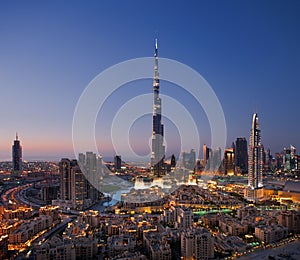 A skyline of Downtown Dubai with Burj Khalifa and