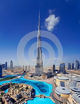 A skyline of Downtown Dubai with the Burj Khalifa