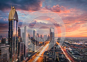 Skyline of downtown Dubai city with Sheikh Zayed Road