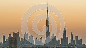 Skyline of Downtown Dubai day to night timelapse.