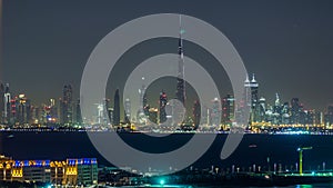Skyline of Downtown Dubai at night timelapse.