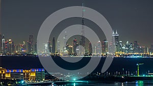 Skyline of Downtown Dubai at night timelapse.