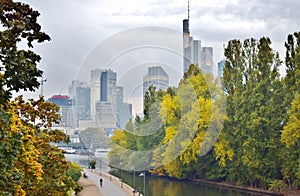 Skyline of Downtown Frankfurt and Riverside Park at Dusk