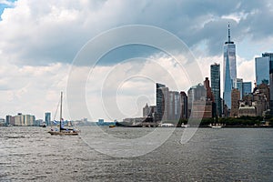 Skyline of Downtown of Manhattan in New York and Sailing Ship