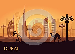 Skyline of Dubai with camel and date palm. United Arab Emirates
