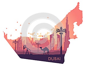 Skyline of Dubai with camel in the form of a map of the United Arab Emirates