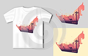 Skyline of Dubai with camel in the form of a map of the United Arab Emirates. Travel concept with t-shirt mockup