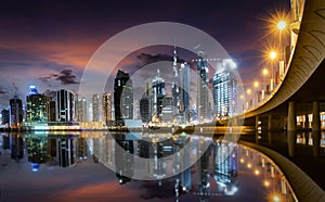 The skyline of Dubai center just after sunset