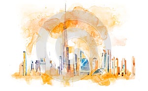 Skyline of Dubai Cityscape landmark skyline. Watercolor illustration