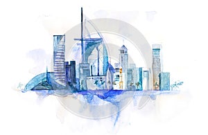 Skyline of Dubai Cityscape landmark skyline. Watercolor illustration