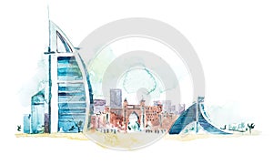 Skyline of Dubai Cityscape landmark skyline. Watercolor illustration