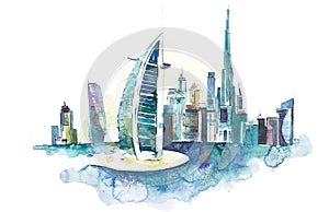 Skyline of Dubai Cityscape landmark skyline. Watercolor illustration