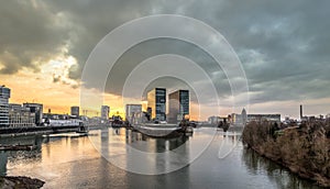 Skyline of Duesseldorf during sunset
