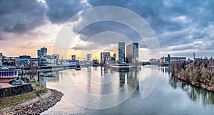 Skyline of Duesseldorf during sunset