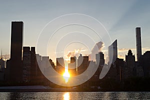 Skyline of the east side of midtown Manhattan at sunset