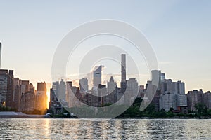 Skyline of the east side of midtown Manhattan at sunset