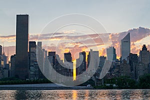 Skyline of the east side of midtown Manhattan at sunset