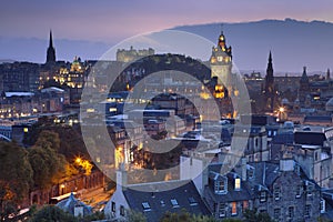 Skyline of Edinburgh, Scotland from Calton Hill at night