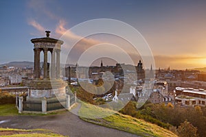 Skyline of Edinburgh, Scotland from Calton Hill at sunset