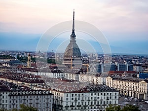 Skyline and evening view of Turin and the dome of Mole Antonelliana