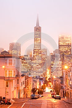 Skyline of Financial District at dusk, San Francisco, California