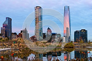 Skyline of Financial District in Las Condes from Bicentennial park in Vitacura in Santiago de Chile