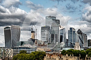 Skyline Of Financial District With Modern Office Skyscraper Building Behind London Tower In The Center Of London, UK