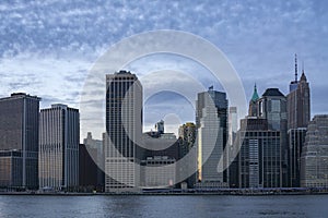 Skyline of financial district in New York City with modern office buildings