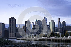 Skyline of financial district in New York City with modern office buildings