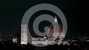 Skyline of Florence. Cathedral of Santa Maria del Fiore with fireworks seen from Piazzale Michelangelo, Italy