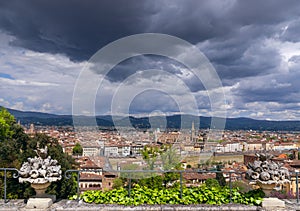 Skyline of Florence in Italy: in the distance the Arno River and in the center The Basilica of the Holy Cross.