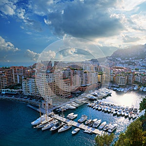 Skyline of the Fontvieille city, Embankment Jean-Charlesand and Port de Fontvieille in Monaco