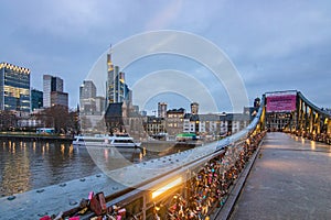 Frankfurt skyline from above, atmospheric, colorful sunrise. Cityscape in Germany with skyscrapers. city, sunset