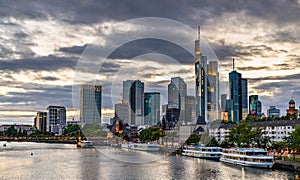 Skyline of Frankfurt am Main in Germany at sunset