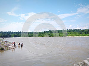 Skyline, green forest and Flowing Beas river in Himachal Pradesh