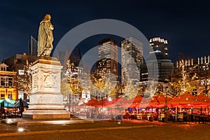 Skyline of The Hague at night seen from the square in the old city centre, long exposure