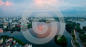 Skyline of Hanoi  and Joan Kiem lake Vietnam Asia on sunset